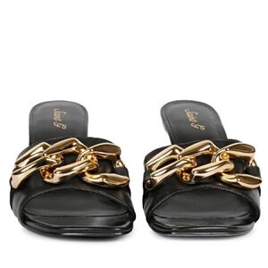 Saint G Melissa Slip on Heels, Size 11, Black with Gold Buckle